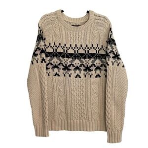 LL Bean Signature Mens Large Cream Fair Isle Cable Knit‎ Cotton Sweater 510953